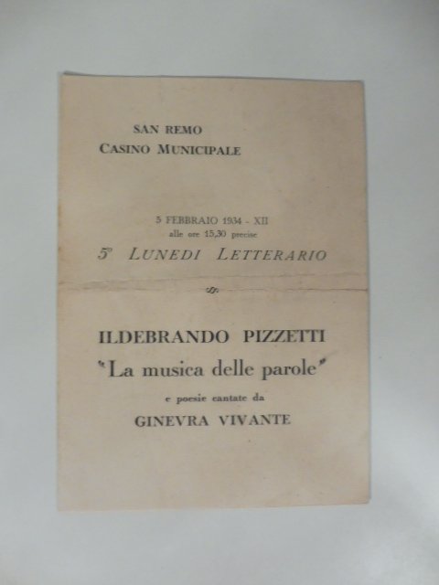 Sanremo. Casino municipale. Ildebrando Pizzetti e poesie cantate da Ginevra Vivante. Pieghevole invito