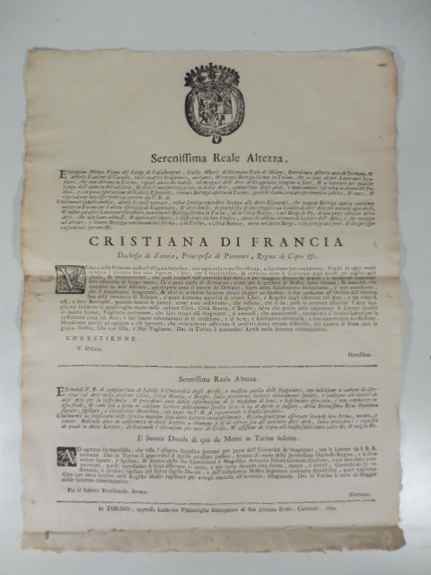 Serenissima Reale Altezza. Espongono Menzo Piano del Luogo di Casalborgone. …