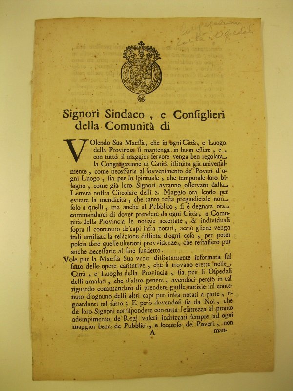 Signori Sindaco, e Consiglieri della Comunita' di. volendo sua maesta', …