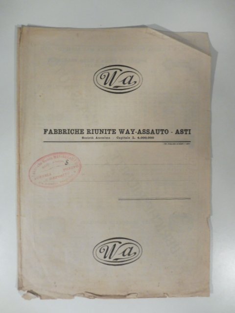 Societa' anonima fabbriche riunite Way Assauto, Asti. Listino n. 3, gennaio 1927