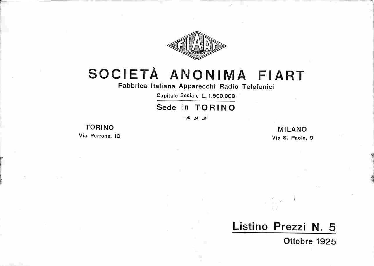 Societa' anonima Fiart. Listino prezzi n. 5, ottobre 1925