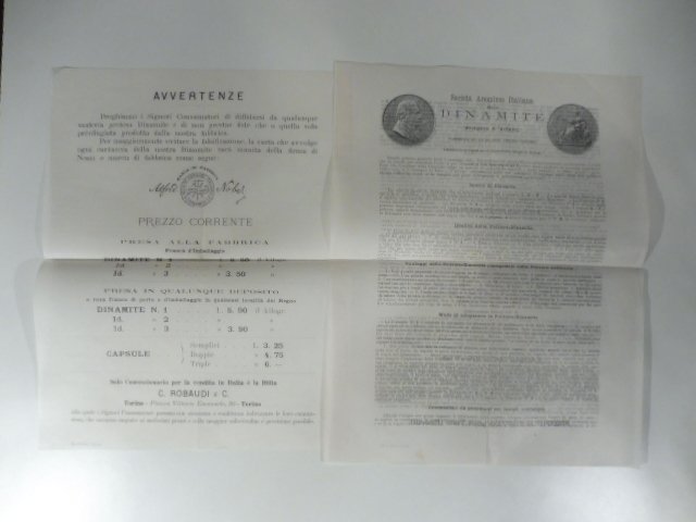 Societa' anonima italiana della dinamite. Fabbrica d'Avigliana. Due fogli pubblicitari