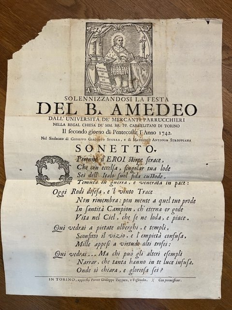 Solennizzandosi la festa del B. Amedeo dall'Universita' de' Mercanti Parrucchieri …