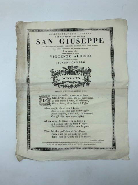 Solennizzandosi la festa del glorioso patriarca San Giuseppe dal Collegio dei minusieri, falegnami e sarroni della citta' d'Ivrea. Sonetto