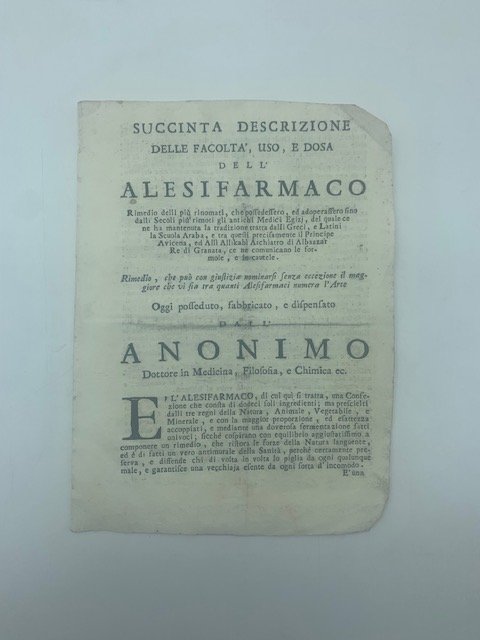 Succinta descrizione delle facolta', uso e dosa dell'alesifarmaco rimedio delli …