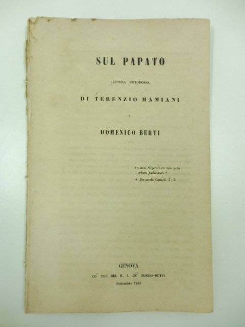 Sul papato. Lettera ortodossa di Terenzio Mamiani a Domenico Berti