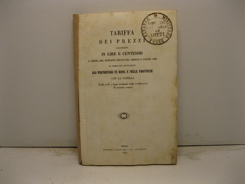 Tariffa dei prezzi calcolata in lire e centesimi a norma …