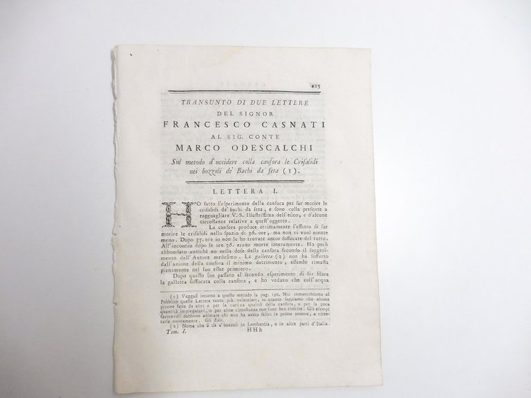 Transunto di due lettere del signor Francesco Casnati al sig. …