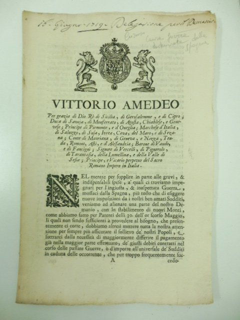 Vittorio Amedeo per grazia di Dio Re di Sicilia, di …