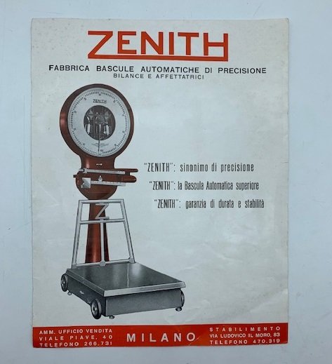 Zenith. Fabbrica bascule automatiche di precisione. Bilance, affettatrici (pieghevole pubblicitario)