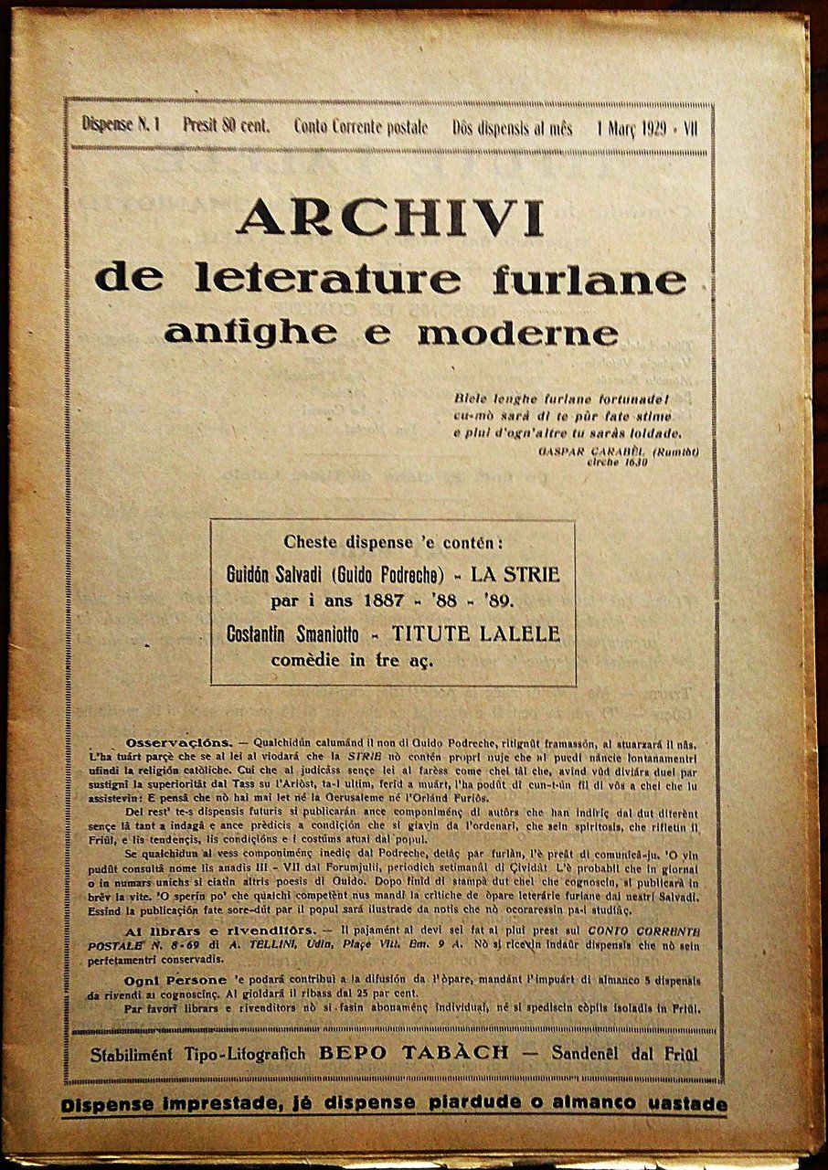 Archivi de leterature furlane antighe e moderne. Dispense N. 1. … | Immagine principale