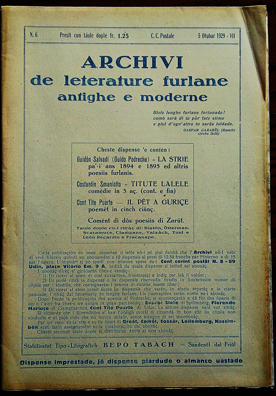 Archivi de leterature furlane antighe e moderne. N. 6 5 … | Immagine principale