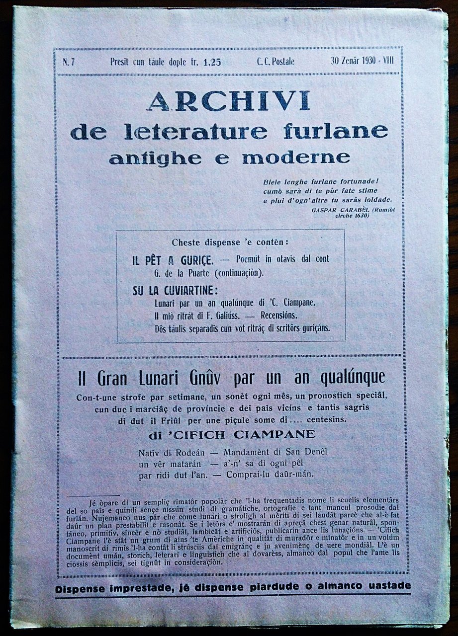 Archivi de leterature furlane antighe e moderne. N. 7 30 … | Immagine principale