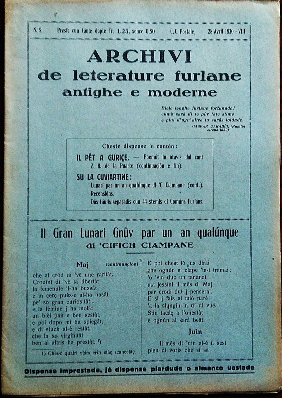 Archivi de leterature furlane antighe e moderne. N. 8 28 … | Immagine principale