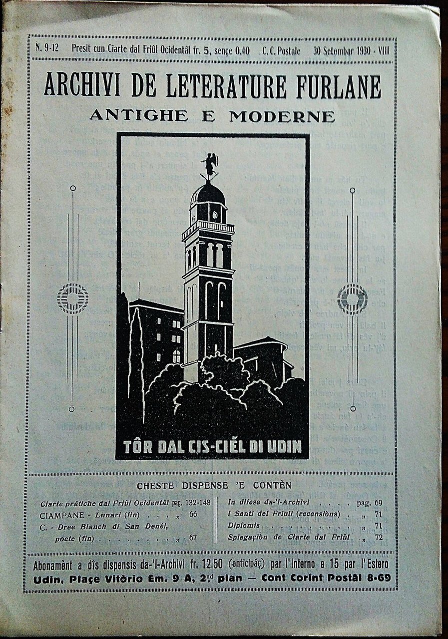 Archivi de leterature furlane antighe e moderne. N. 9-12 30 … | Immagine principale