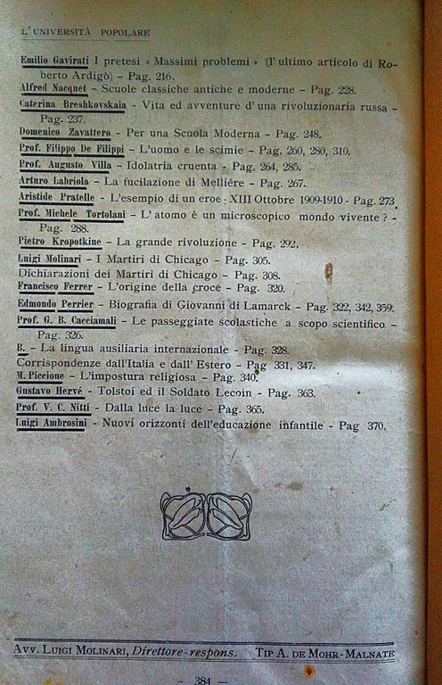 L' Università Popolare Anno X. 1910. Direttore Responsabile Avv. Luigi …