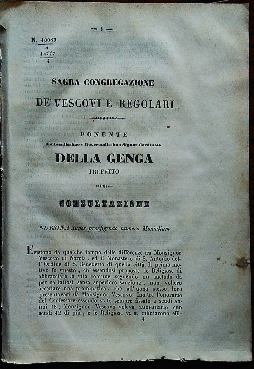 NORCIA -Congregazione dei Vescovi e Regolari. Consultazione NURSINA Super praefigendo … | Immagine principale