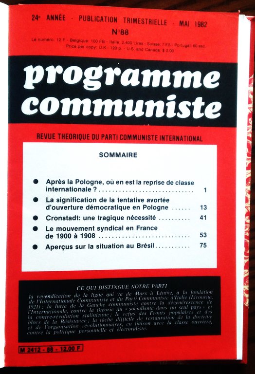 Programme Communiste. Revue Theorique Du Parti Communiste International. Publication trimestrielle. … | Immagine Gallery 9