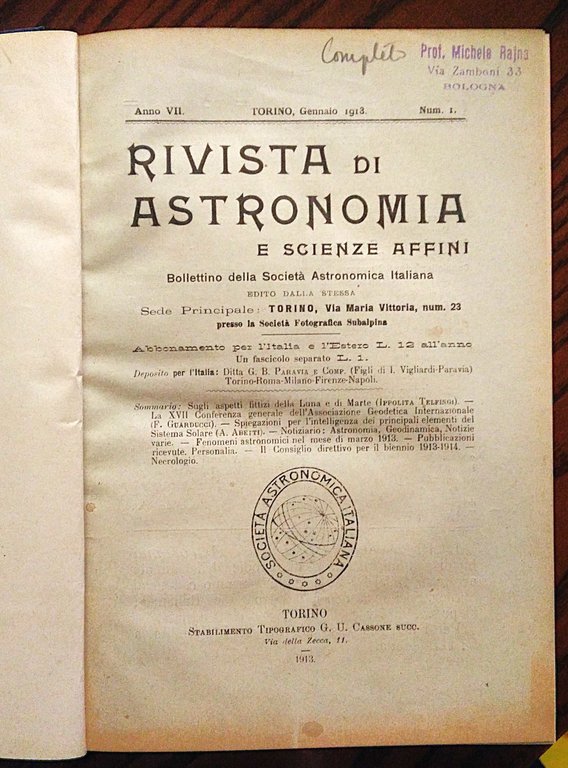 Rivista di astronomia e scienze affini. Bollettino della Società astronomica Italiana. Anno VII, 1913, completo.