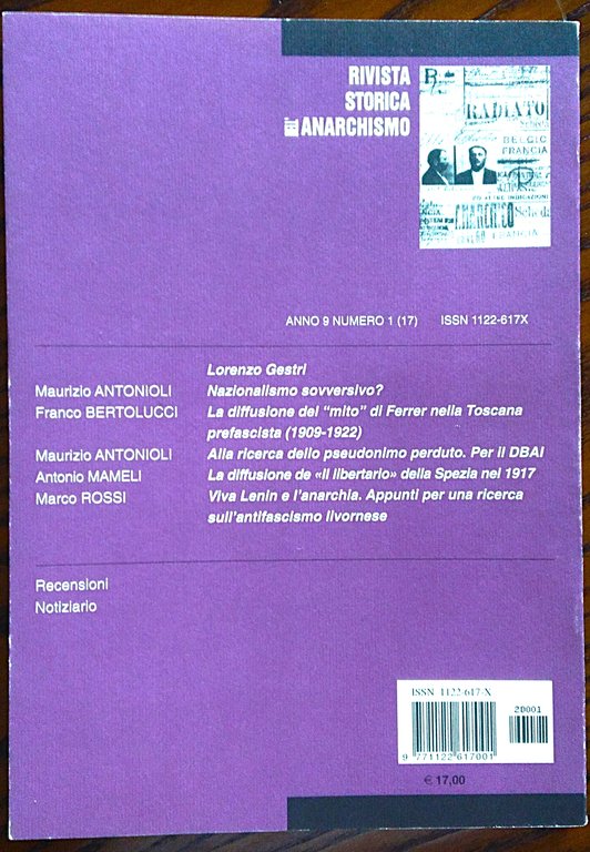 Rivista storica dell'anarchismo. Anno 9 numero 1 Gennaio-Giugno 2002.