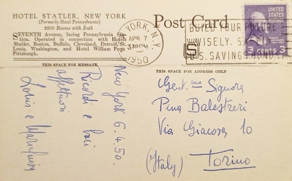 Cartolina - Hotel Statler - New York - 1950
