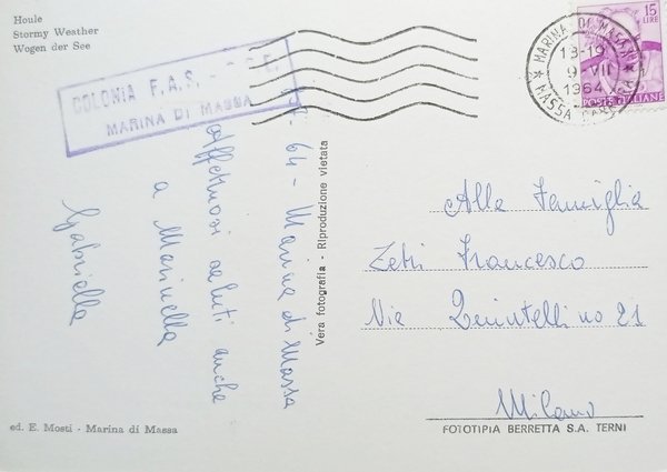 Cartolina - Marina di Massa - Mareggiata - 1964