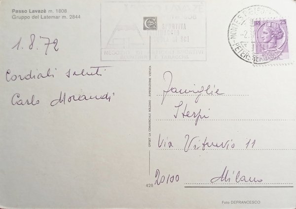 Cartolina - Passo Lavazè - Gruppo del Latemar - 1972