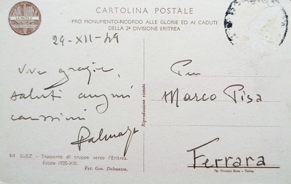 Cartolina - Suez - Trasporto di Truppe verso l'Eritrea - …