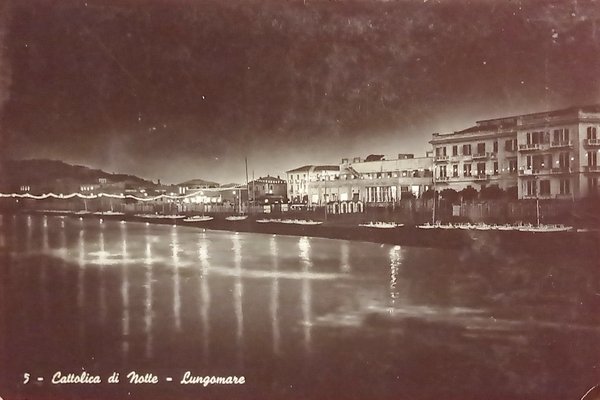 Cartolina - Cattolica di Notte - Lungomare - 1950