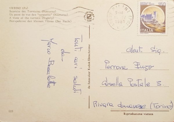 Cartolina - Urbino - Scorcio del Torricini ( Notturno ) …