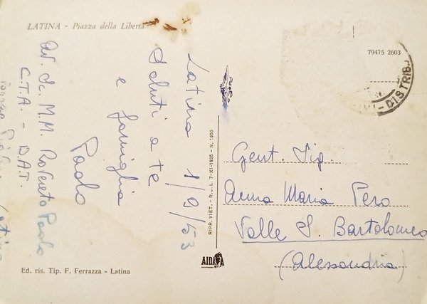 Cartolina - Latina - Piazza della Libertà - 1953