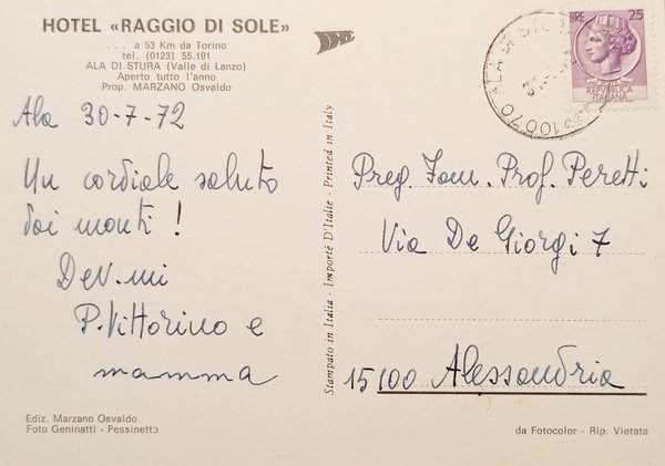 Cartolina - Hotel Raggio di Sole - Ala di Stura …