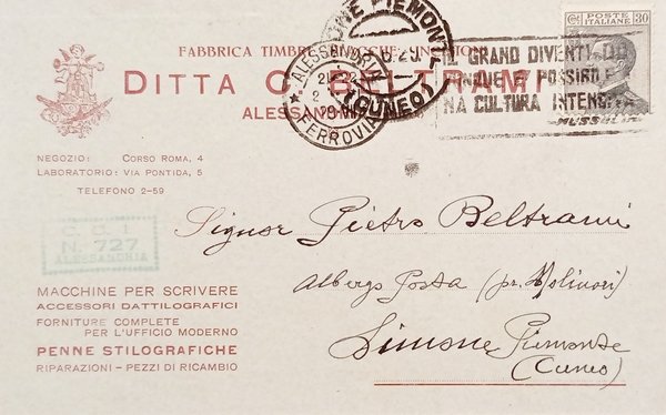 Cartolina Pubblicitaria - Ditta C. Beltrami - Alessandria - 1929