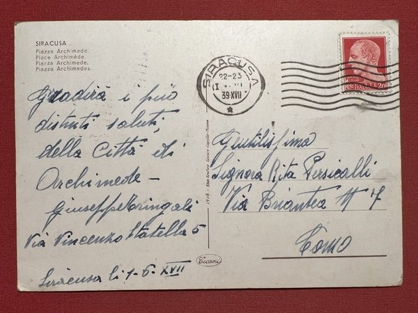 Cartolina - Siracusa - Piazza Archimede - 1939