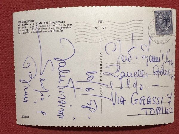 Cartolina - Viareggio di Notte - Viale Lungomare - 1958