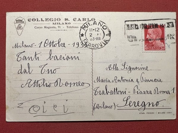 Cartolina - Collegio S. Carlo - Milano - 1933