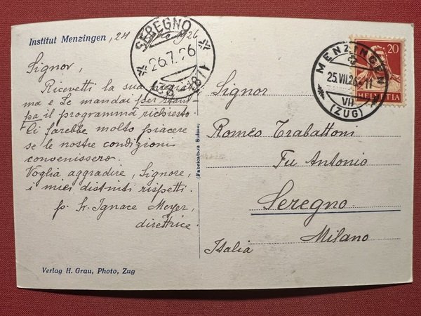 Cartolina - Svizzera - institut Menzingen - 1926