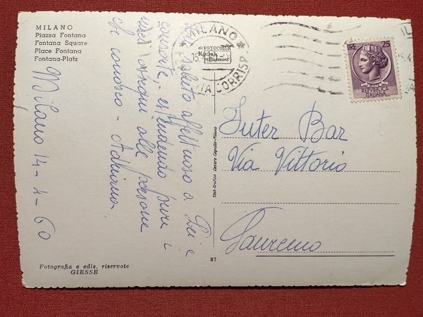 Cartolina - Milano - Piazza Fontana - 1960