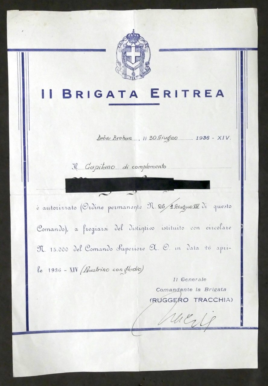 2^ Brigata Eritrea - Certificato autorizzazione a fregiarsi di distintivo …