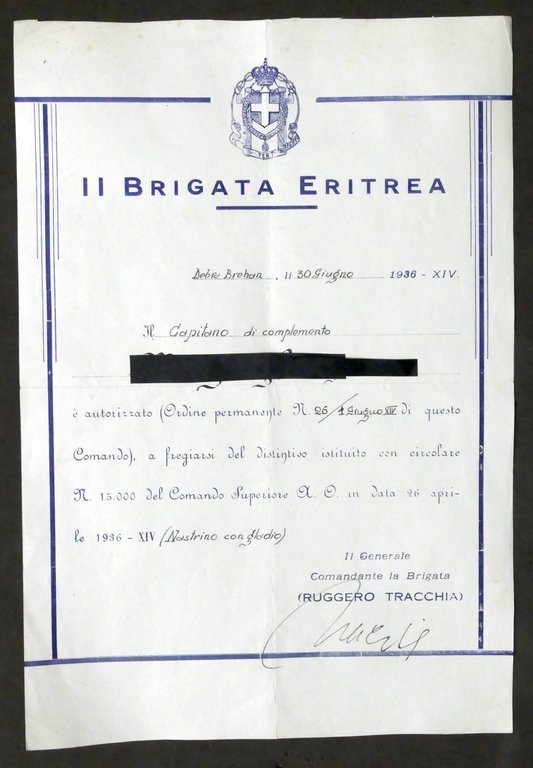 2^ Brigata Eritrea - Certificato autorizzazione a fregiarsi di distintivo - 1936