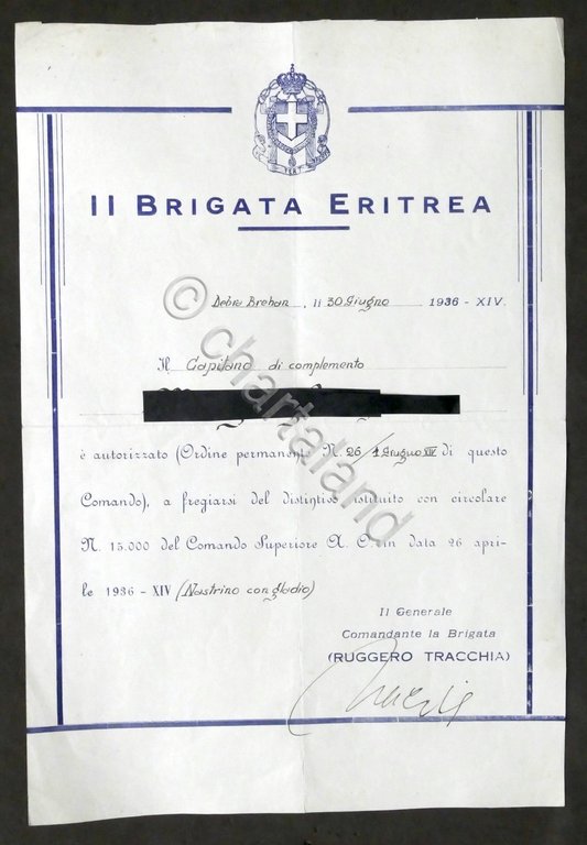 2^ Brigata Eritrea - Certificato autorizzazione a fregiarsi di distintivo …