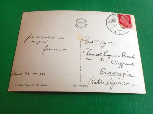 Cartolina St. Vincent - Grand Hotel Billia 1936.