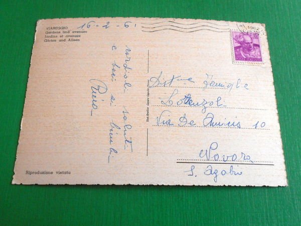 Cartolina Viareggio - Giardini e viali 1961.