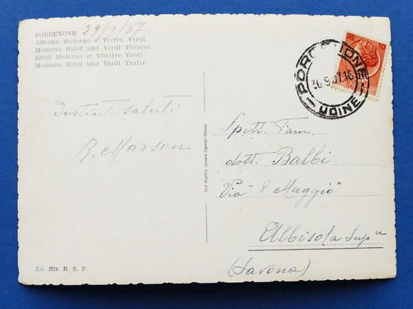 Cartolina Pordenone - Albergo Moderno e Teatro Verdi - 1957.