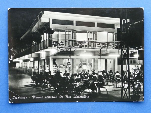 Cartolina Cesenatico - Visione notturna del Bar Arlecchino - 1950.