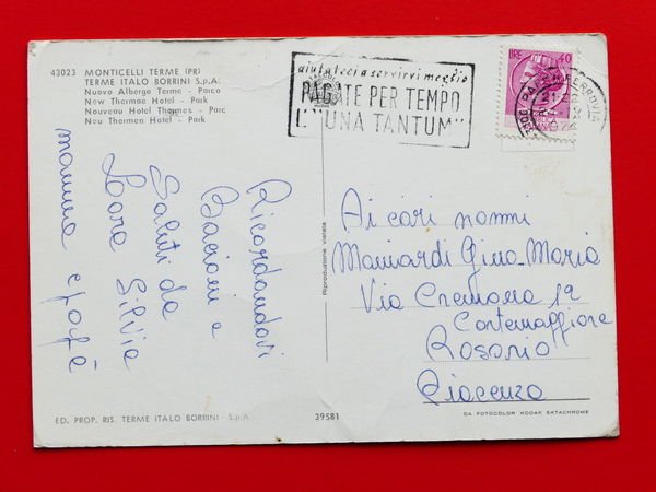 Cartolina Monticelli Terme - Nuovo Albergo Terme - 1974