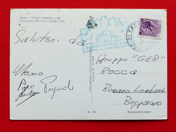 Cartolina Dolomiti - Rifugio Ciampediè - 1972