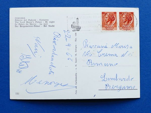 Cartolina Ferrara - Palazzo del Podestà - Notturno - 1965