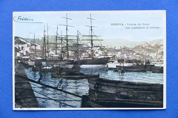 Cartolina Genova - Veduta del Porto con scaricatori di carbone …