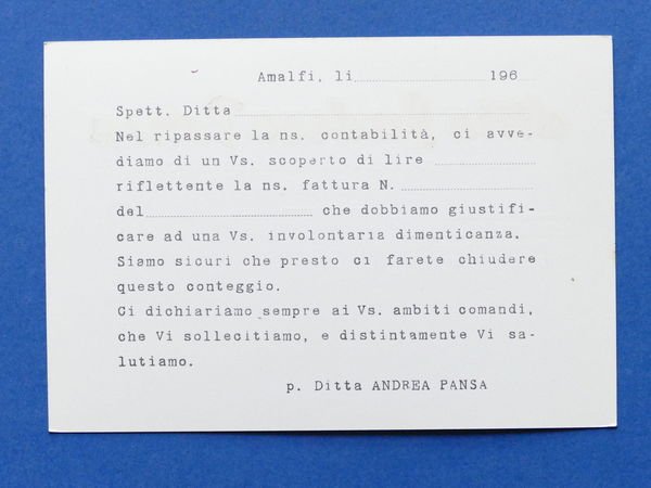Cartolina Pubblicità Ditta Andrea Pansa Confetti Caramelle - Amalfi 1960 …